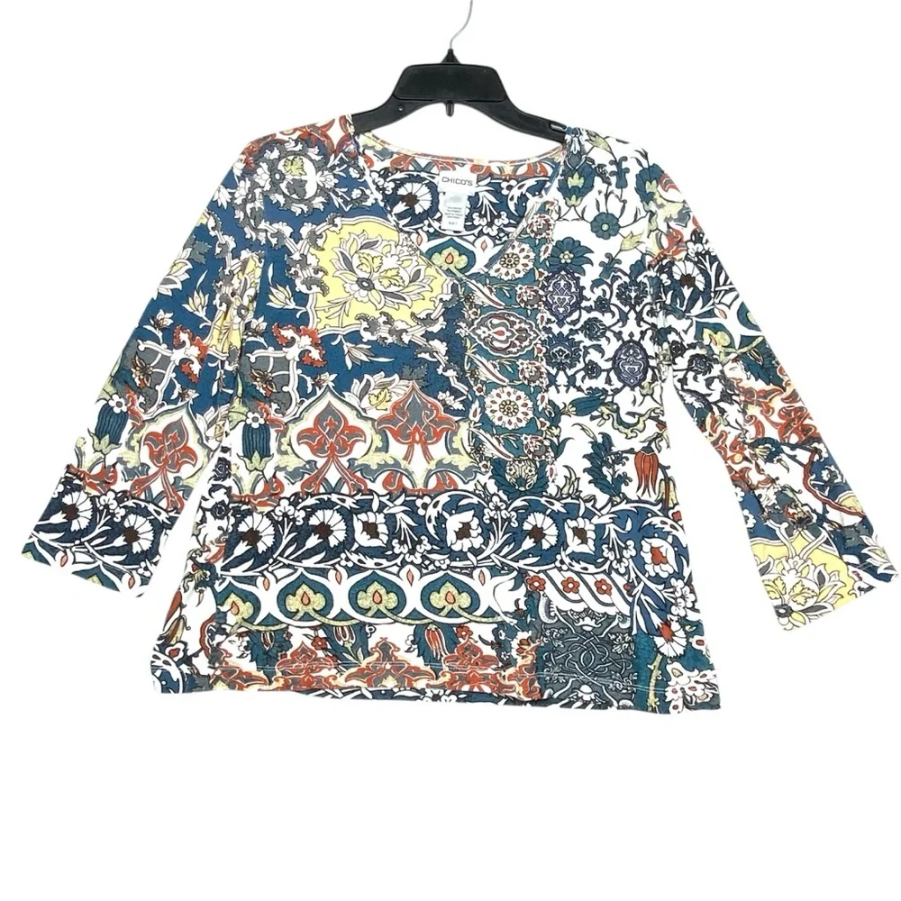Chico's Paisley Floral Patchwork Top Womens 1 (M/8) Multicolor 3/4 Sleeve V Neck - Picture 1 of 12
